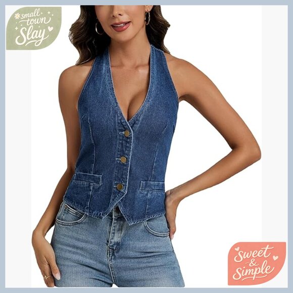 Denim Halter Vest Top Sleeveless V Neck Adjustable Straps Slim Fit